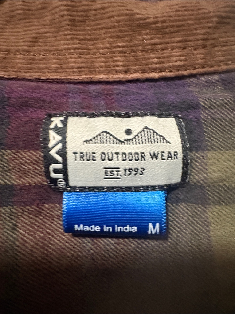 Kavu Olive and Burgundy Plaid Button-Down Shirt with Brown Elbow Patches - Picture 2 of 11